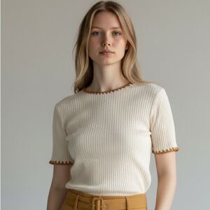 Zara Cream Ribbed Short-Sleeve Top with Brown Scalloped Trim
